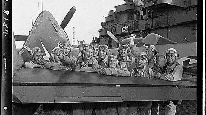 The victors of the Battle of the Phillipine Sea aboard the USS Lexington. Courtesy of the National Archives.